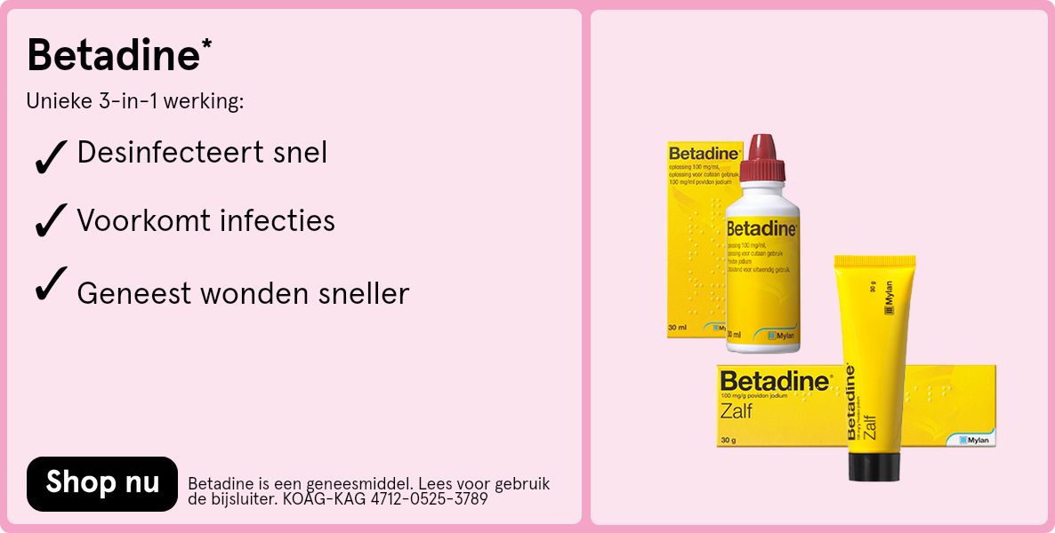 Betadine, desinfecteerd snel, voorkomt infecties en geneest wonden sneller